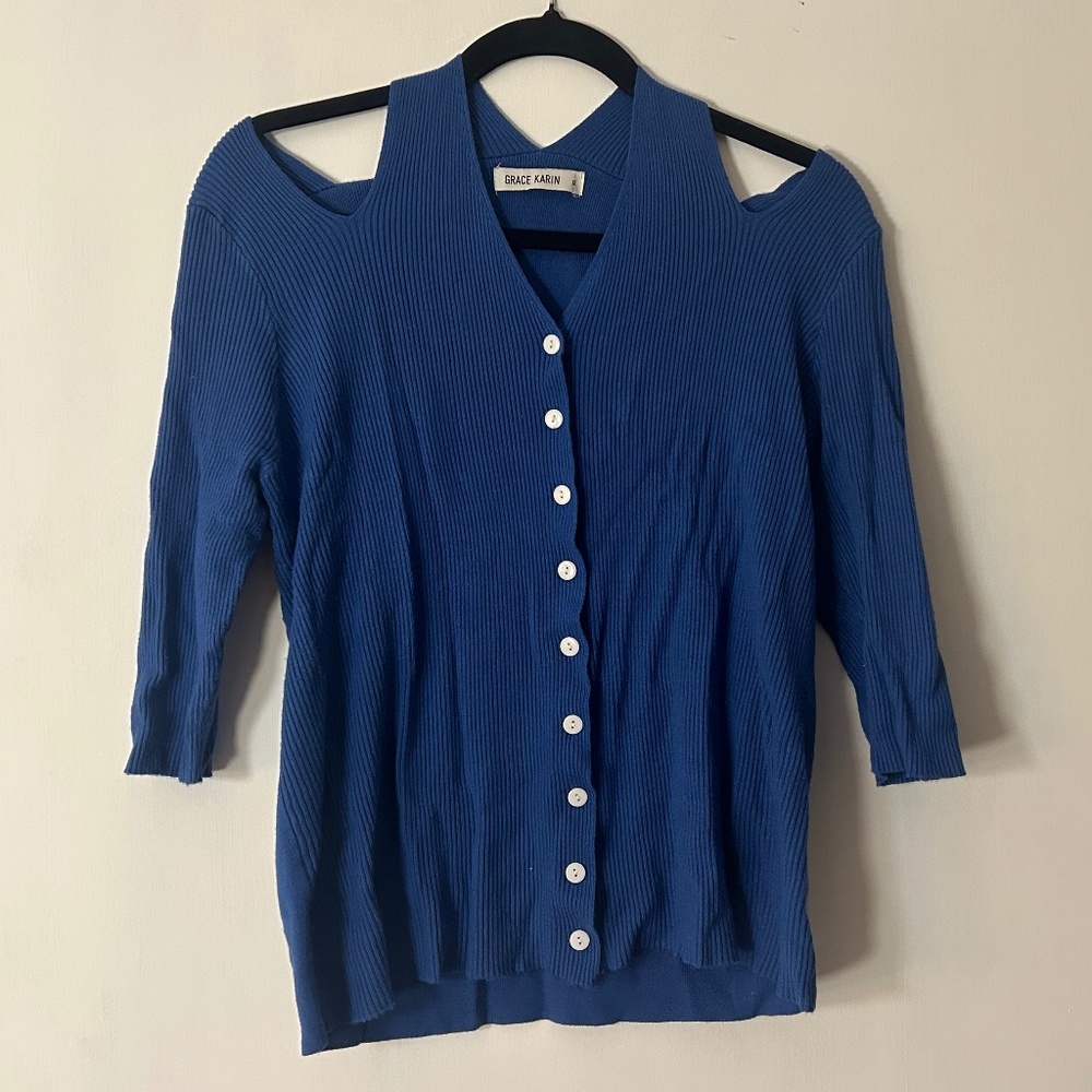 Blue button up quarter sleeve cardigan